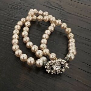 Vintage Double Strand Pearls Faux Pearls  Cream Rhinestone Clasp Bracelet
